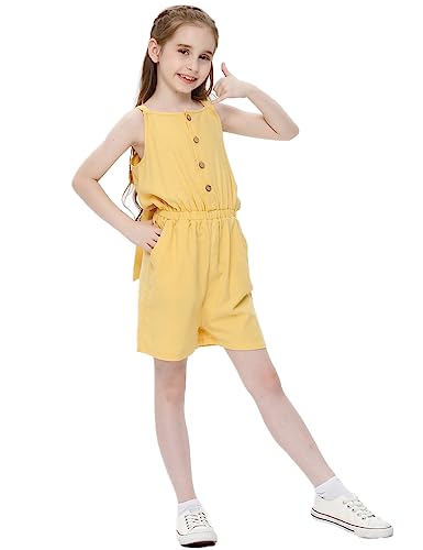 LIONJIE Kids Toddler Girls Sleeveless Halter Button Down Bowknot Strap Romper Jumpsuit with Side Pockets