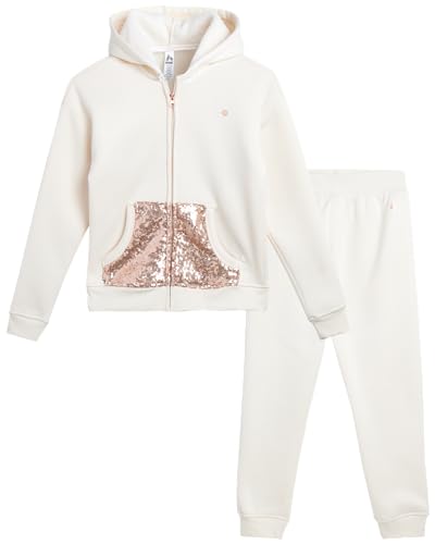 RBX Girls' Active Sweatsuit Set - 2 Piece Fleece Hoodie Sweatshirt and Sweatpants - Sequin Jogger Pants Set for Girls (7-12), Size 7-8, Beige