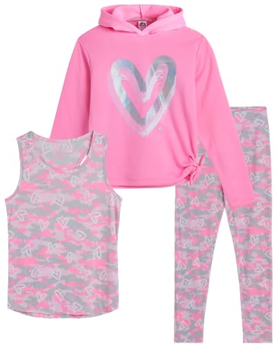 RBX Girls' Active Pants Set - 3 Piece Fleece Hoodie, Tank Top, and Leggings (Size: 7-16), Size 10-12, Cotton Candy Heart