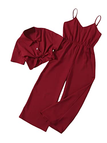 OYOANGLE Girl's 2 Piece Outfits Short Sleeve Button Down Shirt Crop Top and Wide Leg Pants Jumpsuit Set Burgundy 10Y