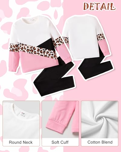 PATPAT Girls 2 Piece Outfits Leopard Color Block Tee Crew Neck Top Black Legging Girl Sweatpants Sweatsuits Tracksuits ColorBlock 10-11 Years