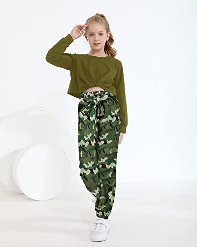 YOURUIKEY Girl Clothes Top Pants Sets Cotton little Girl Outfits Army Green Sweatsuits Kid Girl's Clothing Set for 7-8Y Girl