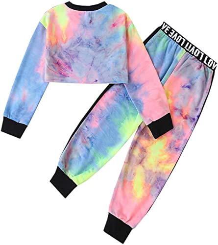 Girls Cropped Sweatsuit Pants Outfit Set, Tie-Dye Pullover Crop Sweatshirt + Sweat Jogging Pants 2 Pieces Clothes Set, Multicolored, 11-12 Years = Tag 160