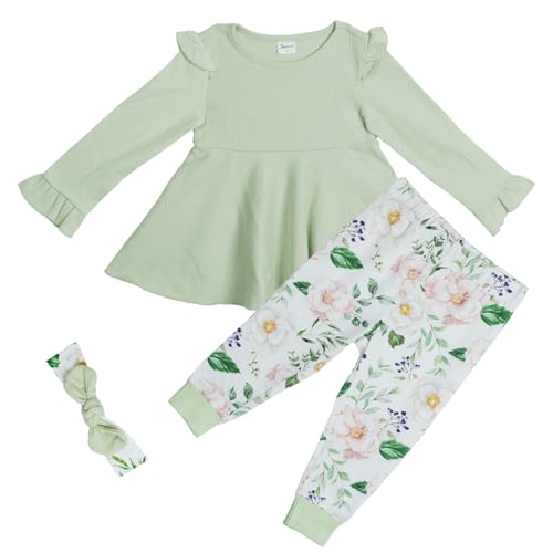 Sosomi Baby Girl Outfit 2T 24 months Fall Toddler Girls’ Clothes Ruffle Infan Cute Green Shirt Top + Leggings Pants Headband Sets Floral Kids Newborn Winter Little Girls Long Sleeve Clothing