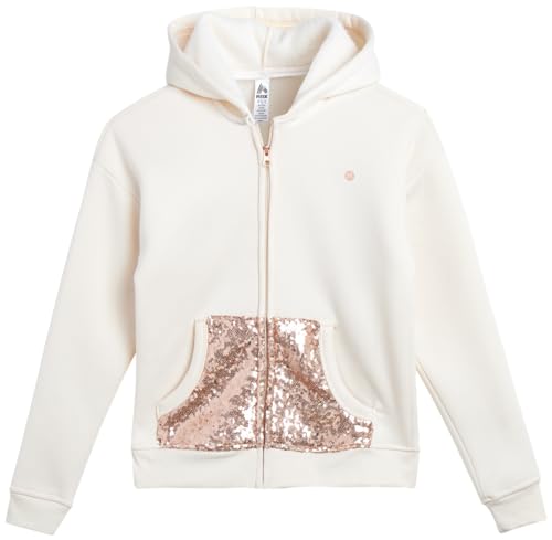 RBX Girls' Active Sweatsuit Set - 2 Piece Fleece Hoodie Sweatshirt and Sweatpants - Sequin Jogger Pants Set for Girls (7-12), Size 7-8, Beige