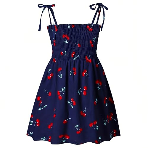 Kumrabal Girls Dresses, Toddler Dress, Little Toddler Girls' Flower Summer Sleeveless Straps Navy Blue with Cherry Printed Princess Dresses,Backless Cute Holiday Beach Sundress for Kids