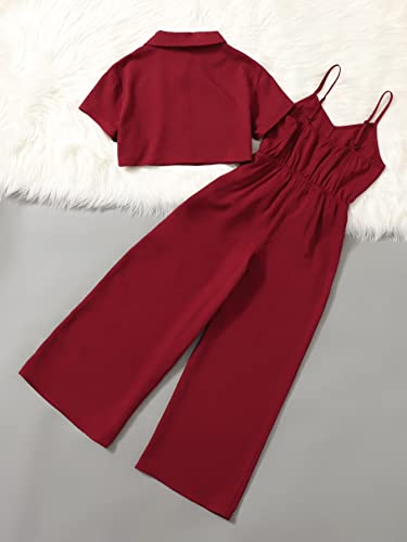 OYOANGLE Girl's 2 Piece Outfits Short Sleeve Button Down Shirt Crop Top and Wide Leg Pants Jumpsuit Set Burgundy 10Y