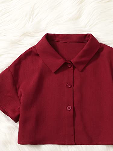 OYOANGLE Girl's 2 Piece Outfits Short Sleeve Button Down Shirt Crop Top and Wide Leg Pants Jumpsuit Set Burgundy 10Y