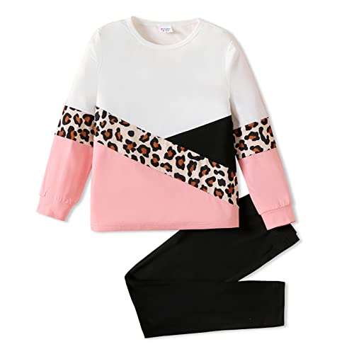 PATPAT Girls 2 Piece Outfits Leopard Color Block Tee Crew Neck Top Black Legging Girl Sweatpants Sweatsuits Tracksuits ColorBlock 10-11 Years