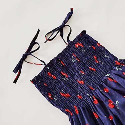 Kumrabal Girls Dresses, Toddler Dress, Little Toddler Girls' Flower Summer Sleeveless Straps Navy Blue with Cherry Printed Princess Dresses,Backless Cute Holiday Beach Sundress for Kids