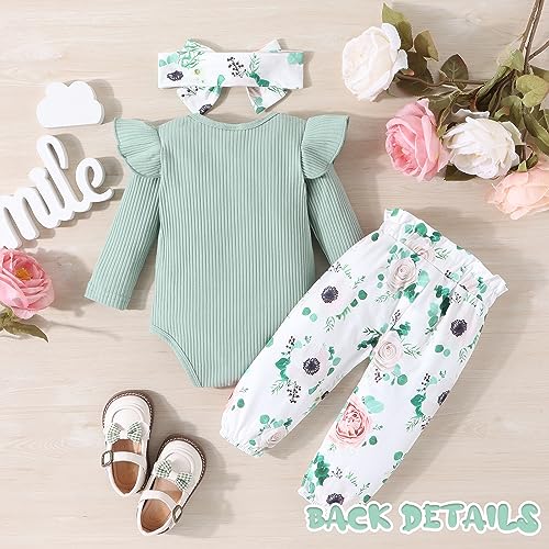GDTOGRT Baby Girl Clothes Newborn Outfit Infant Ruffle Sleeve Romper and Floral Pants with Cute Headband Sets Baby Clothes for Girls 0-3 Months - Green