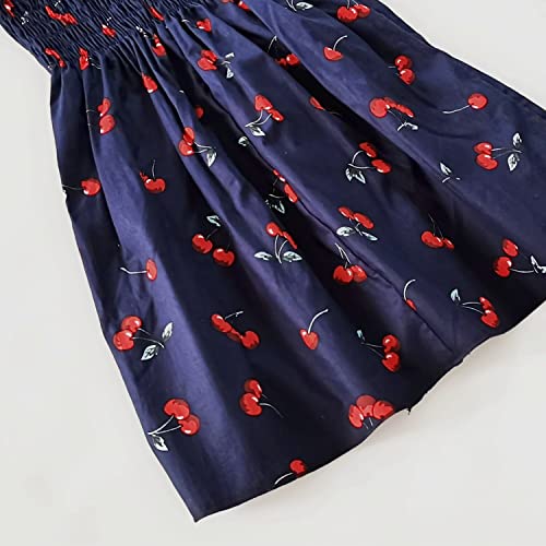 Kumrabal Girls Dresses, Toddler Dress, Little Toddler Girls' Flower Summer Sleeveless Straps Navy Blue with Cherry Printed Princess Dresses,Backless Cute Holiday Beach Sundress for Kids