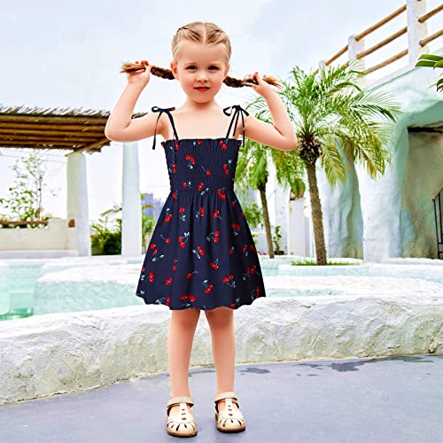 Kumrabal Girls Dresses, Toddler Dress, Little Toddler Girls' Flower Summer Sleeveless Straps Navy Blue with Cherry Printed Princess Dresses,Backless Cute Holiday Beach Sundress for Kids