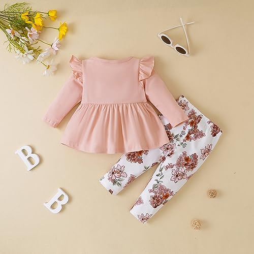 Mecykcsr Toddler Baby Girls Clothes Long Sleeve Solid Color Tops Floral Pants Set Outfits Little Girl Fall Winter Clothing (pink,6-9)