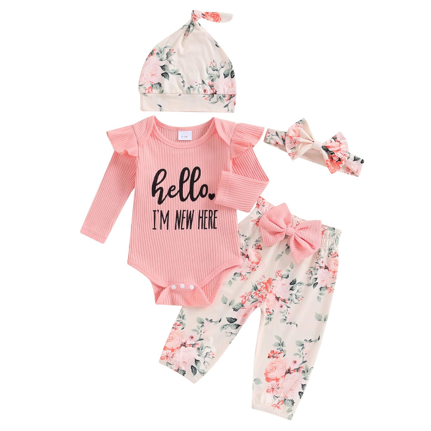 Twopumpkin Newborn Baby Girl Clothes Outfits Rib Knit Onesie Romper Floral Pants Headband Hat Coming Home Outfit (Hello I'm New Here Pink, Newborn)