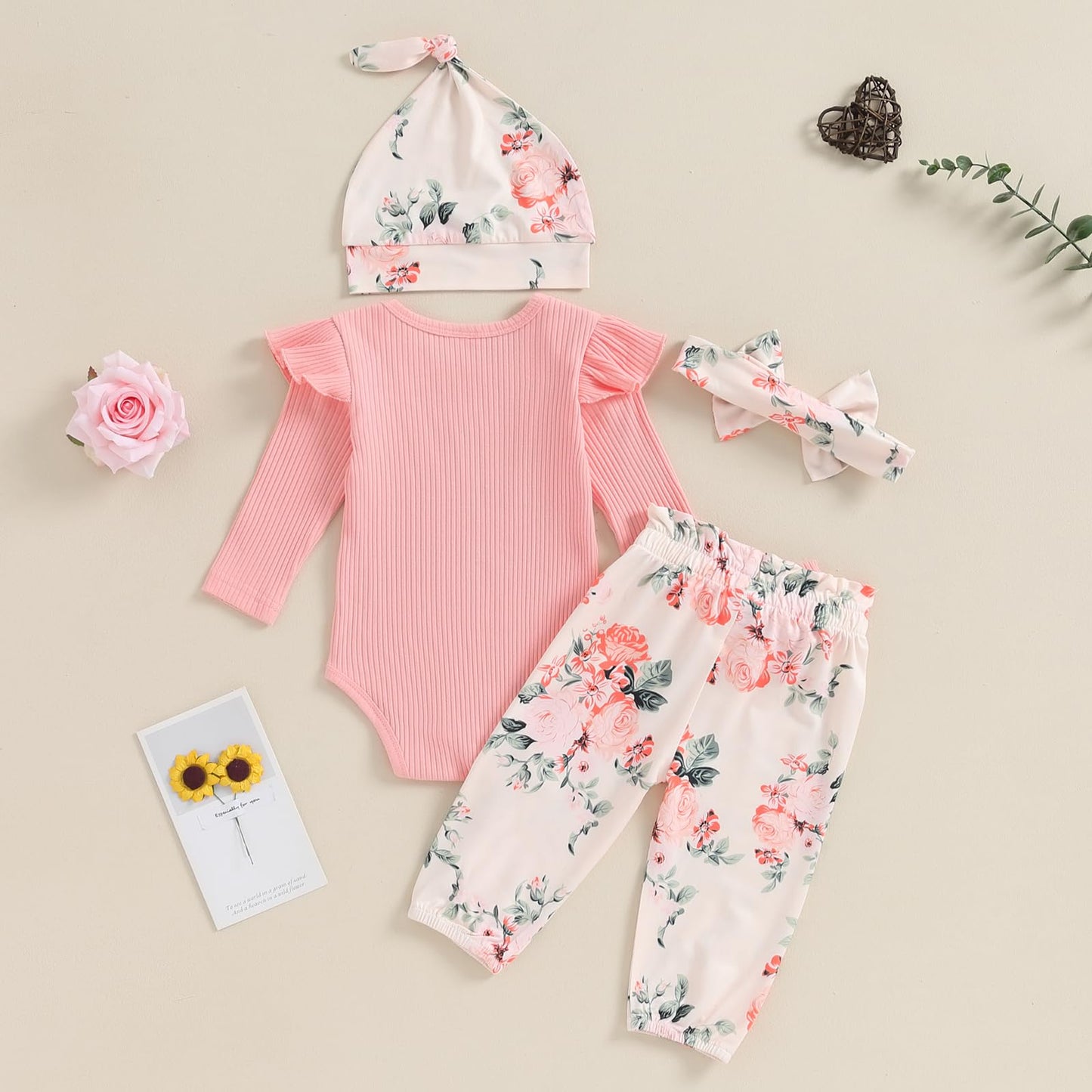 Twopumpkin Newborn Baby Girl Clothes Outfits Rib Knit Onesie Romper Floral Pants Headband Hat Coming Home Outfit (Hello I'm New Here Pink, Newborn)
