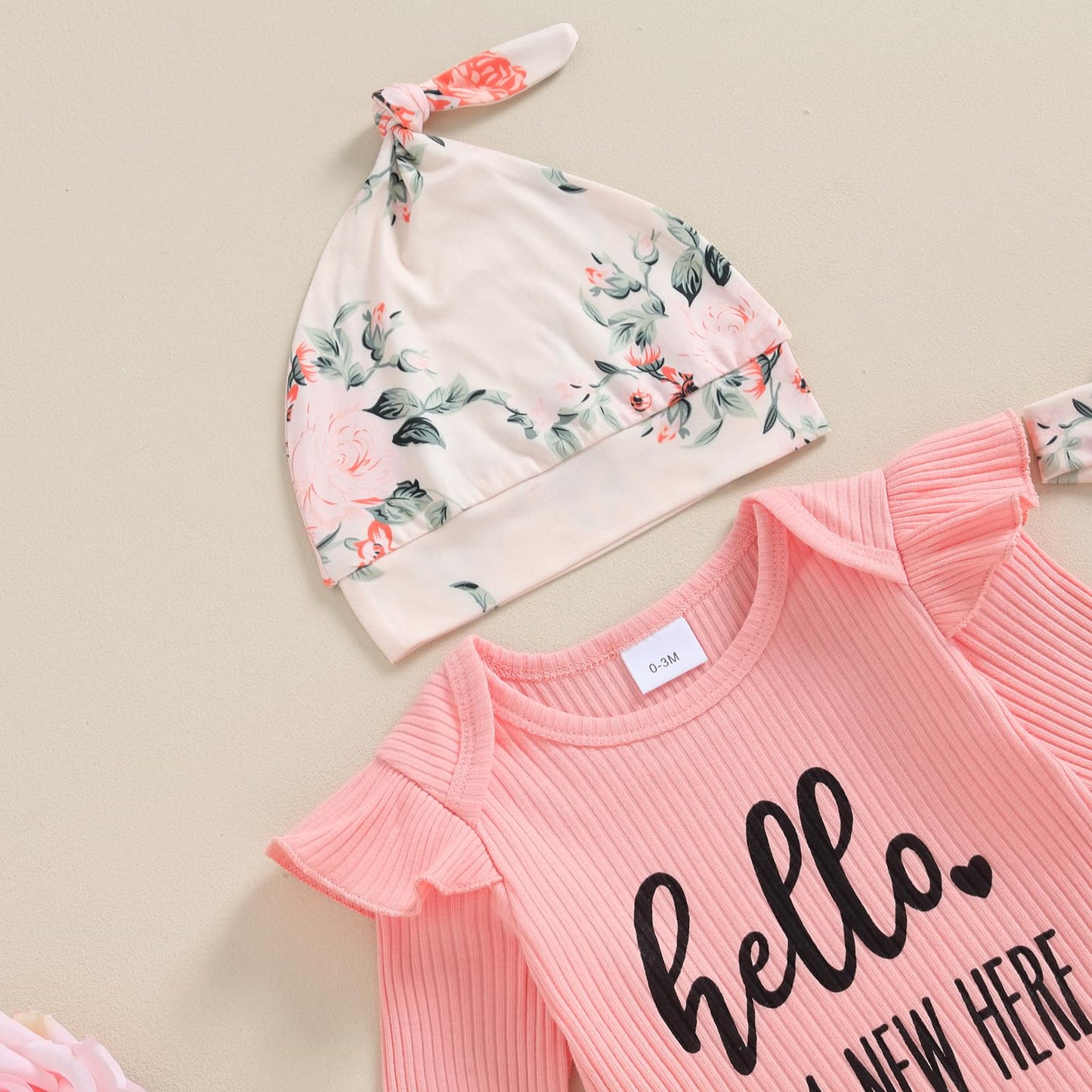 Twopumpkin Newborn Baby Girl Clothes Outfits Rib Knit Onesie Romper Floral Pants Headband Hat Coming Home Outfit (Hello I'm New Here Pink, Newborn)