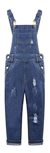 KIDSCOOL SPACE Boys Girls Ripped Holes Patchwork Bib Pocket Jeans Overalls Blue,5-6 Years
