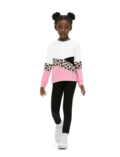 PATPAT Girls 2 Piece Outfits Leopard Color Block Tee Crew Neck Top Black Legging Girl Sweatpants Sweatsuits Tracksuits ColorBlock 10-11 Years