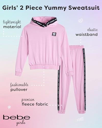 bebe Girls' Jogger Set - 2 Piece Yummy Fleece Hoodie Sweatsuit Kids Clothing Set (Size: 7-16), Size 7-8, Bleached Mauve