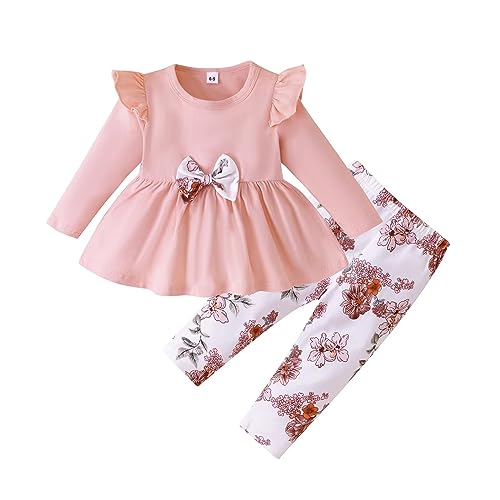 Mecykcsr Toddler Baby Girls Clothes Long Sleeve Solid Color Tops Floral Pants Set Outfits Little Girl Fall Winter Clothing (pink，6-9)