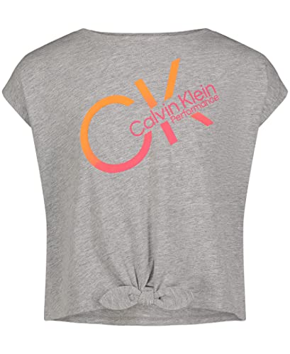 Calvin Klein Girls' Performance Logo T-Shirt with Front Tie, Short Sleeve Tee & Drop Shoulder Style, Light Grey A01g, 12-14