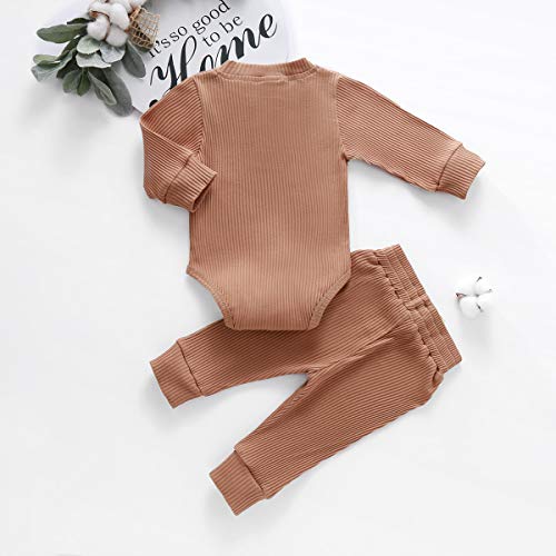 Newborn Baby Boy Girl Clothes Ribbed Knitted Cotton Long Sleeve Romper Long Pants Solid Color Fall Winter Outfits (A- Khaki, 0-3 Months)