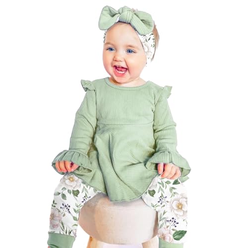 Sosomi Baby Girl Outfit 2T 24 months Fall Toddler Girls’ Clothes Ruffle Infan Cute Green Shirt Top + Leggings Pants Headband Sets Floral Kids Newborn Winter Little Girls Long Sleeve Clothing