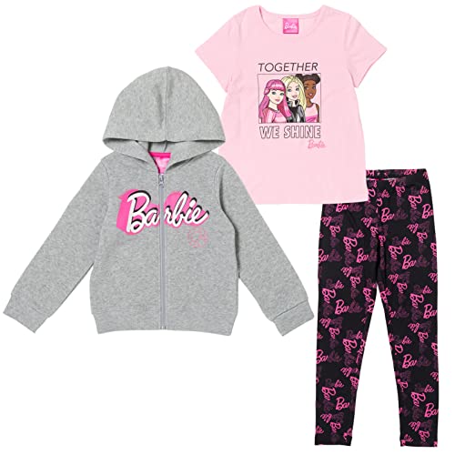 Barbie Little Girls Zip Up Fleece Hoodie Graphic T-Shirt and Leggings 3 Piece Outfit Set Gray 6