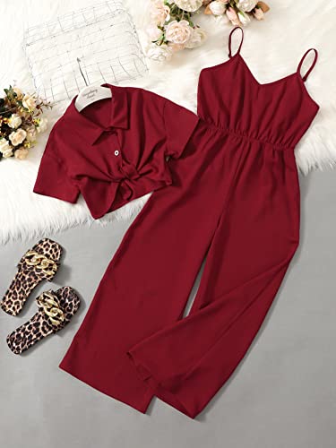 OYOANGLE Girl's 2 Piece Outfits Short Sleeve Button Down Shirt Crop Top and Wide Leg Pants Jumpsuit Set Burgundy 10Y