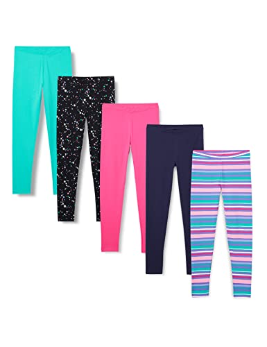 Amazon Essentials Girls' Leggings, Pack of 5, Aqua Green/Black Stars/Navy/Pink/Stripe, Large
