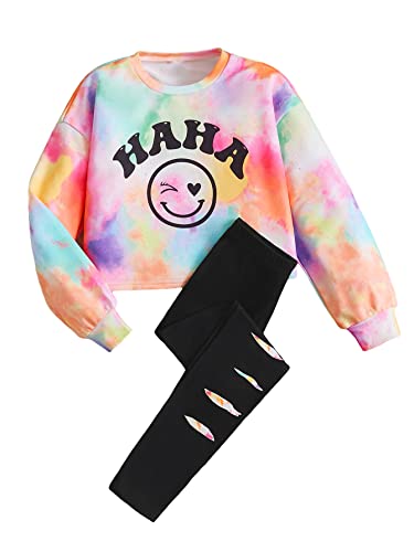 SOLY HUX Girl's Tie Dye Cartoon Letter Graphic Long Sleeve Pullover Sweatshirt with Ripped Leggings 2 Piece Tie Dye Black 10Y