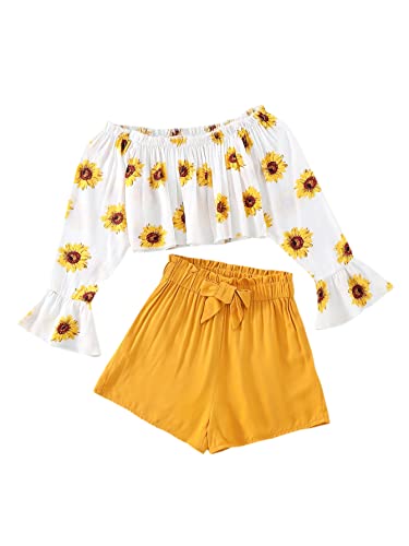 SOLY HUX Girl's 2 Piece Outfit Summer Boho Floral Print Long Sleeve Top and Shorts Set Cute Clothes for Girls Multicoloured 170