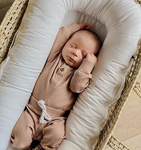 Newborn Baby Boy Girl Clothes Ribbed Knitted Cotton Long Sleeve Romper Long Pants Solid Color Fall Winter Outfits (A- Khaki, 0-3 Months)