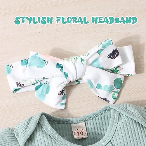 GDTOGRT Baby Girl Clothes Newborn Outfit Infant Ruffle Sleeve Romper and Floral Pants with Cute Headband Sets Baby Clothes for Girls 0-3 Months - Green