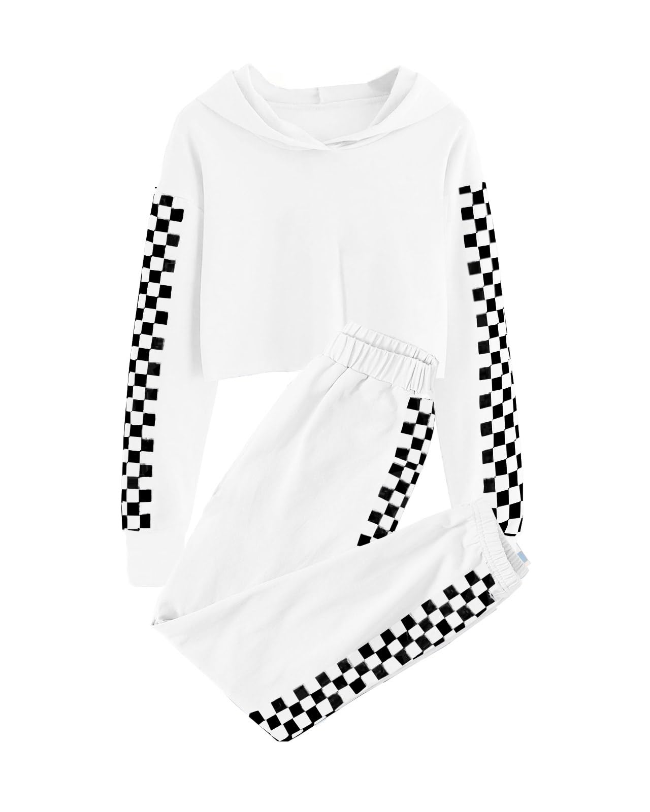 Meikulo Crop Tops Hoodies for Teen Girls Clothes Kids Cute Long Sleeve Shirts Checkered Sweatshirts and Sweatpants 2 Piece Outfits Sweatsuit Clothing Sets White, 11-12 Years