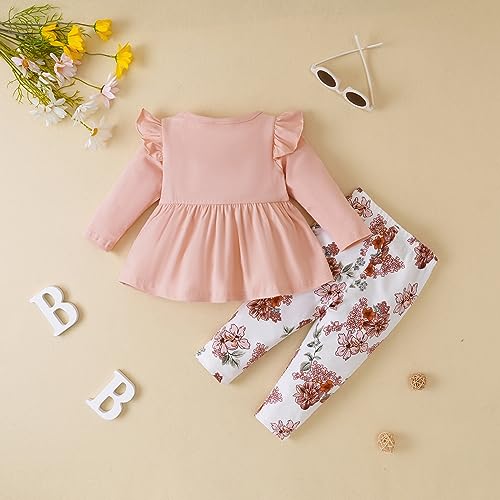 Mecykcsr Toddler Baby Girls Clothes Long Sleeve Solid Color Tops Floral Pants Set Outfits Little Girl Fall Winter Clothing (pink，6-9)