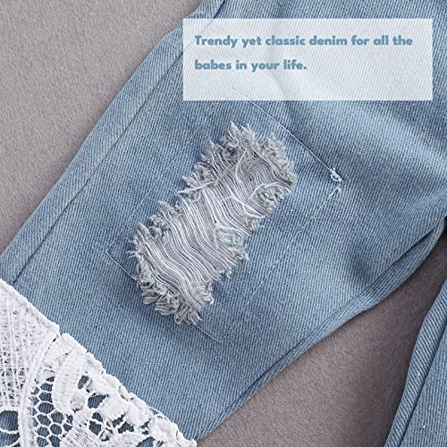koramesis Baby Girl Clothes Set Lace Ruffle Romper Flare Denim Jean Pants and Headband 3Pcs Set Newborn Infant Outfits Set (White Straight, 3-6 Months)