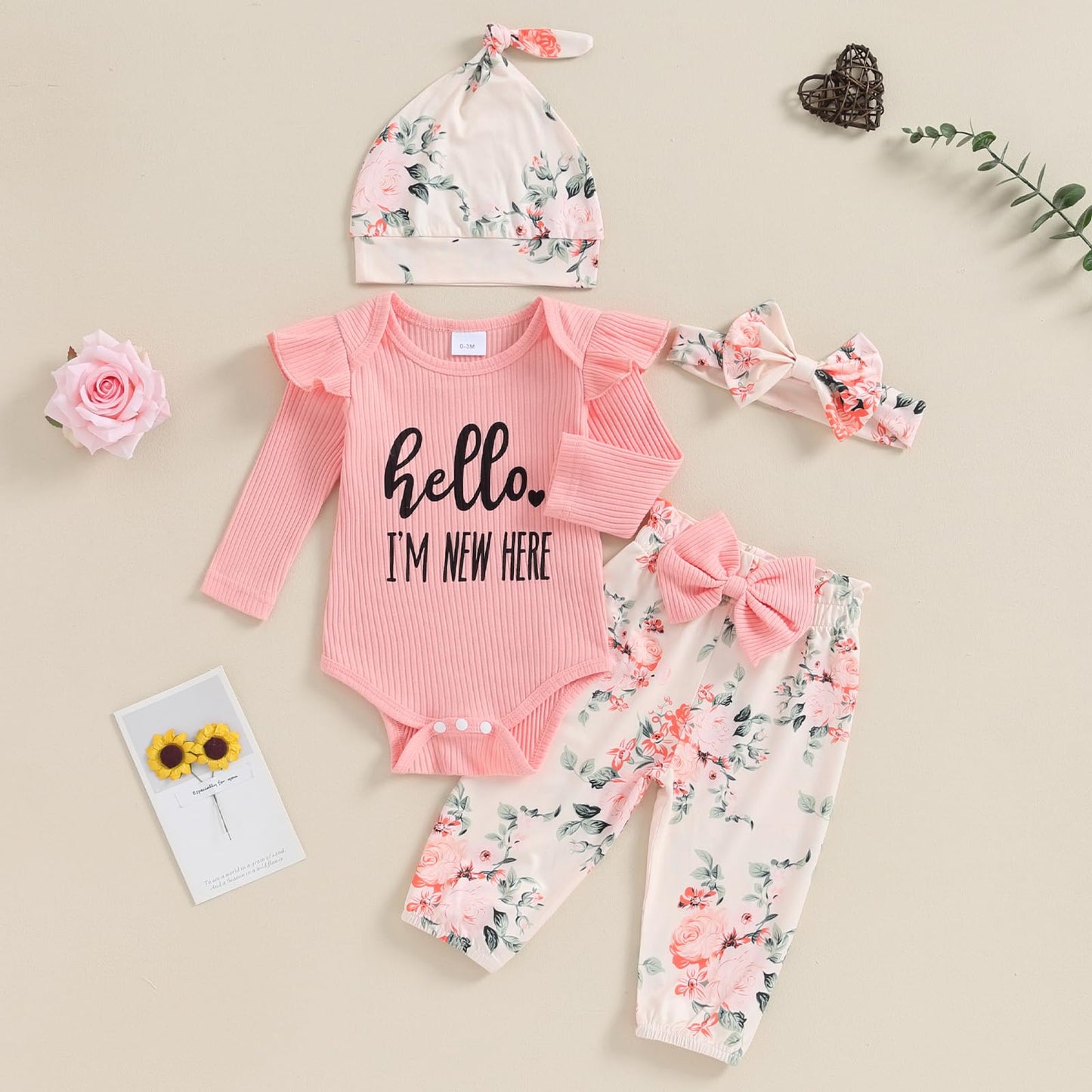 Twopumpkin Newborn Baby Girl Clothes Outfits Rib Knit Onesie Romper Floral Pants Headband Hat Coming Home Outfit (Hello I'm New Here Pink, Newborn)